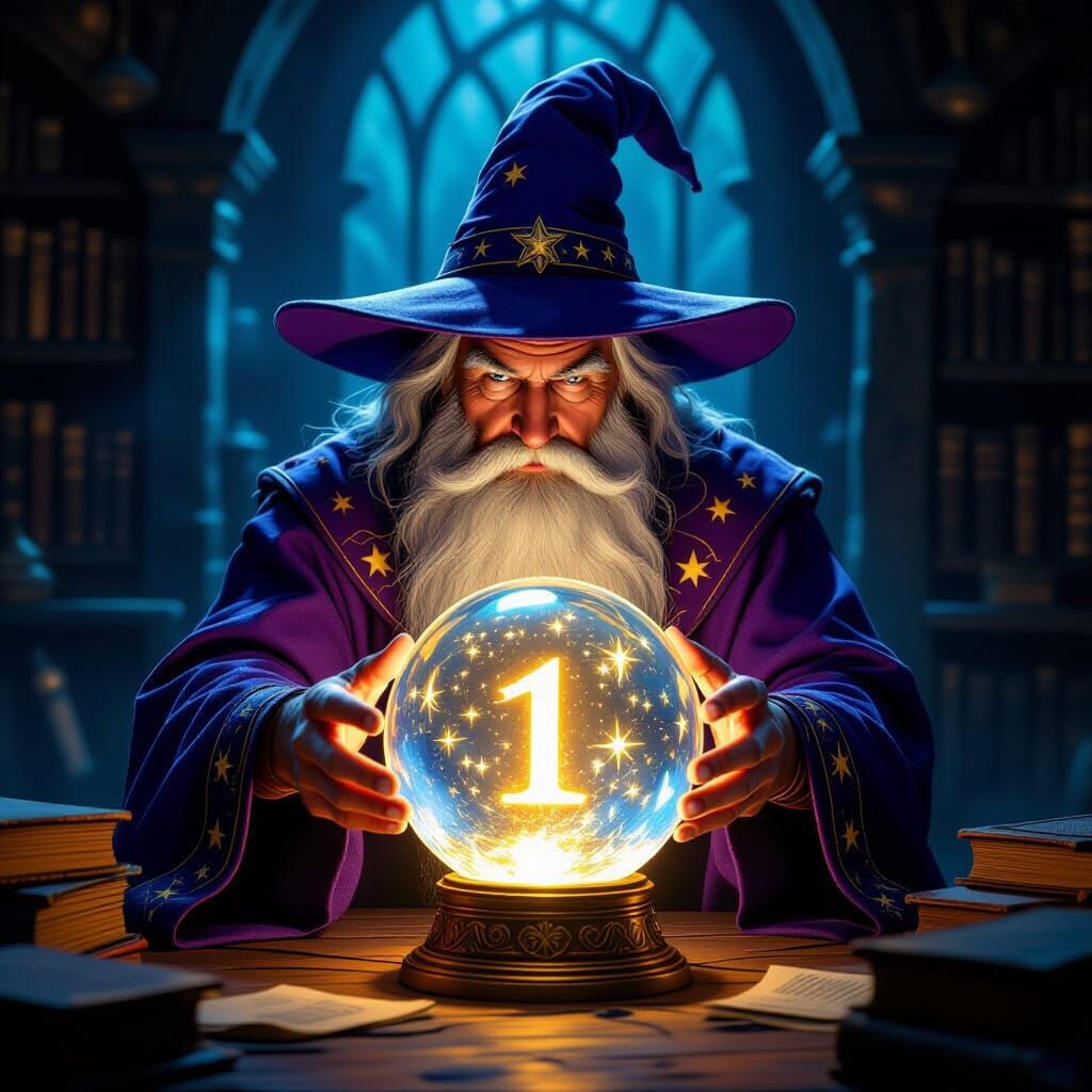 Wizard Gazes into Crystal Ball Revealing Number One