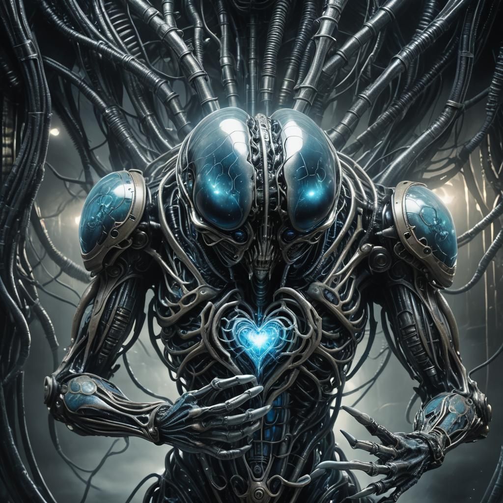 Biomechanical Heart in Dark, Misty Atmosphere