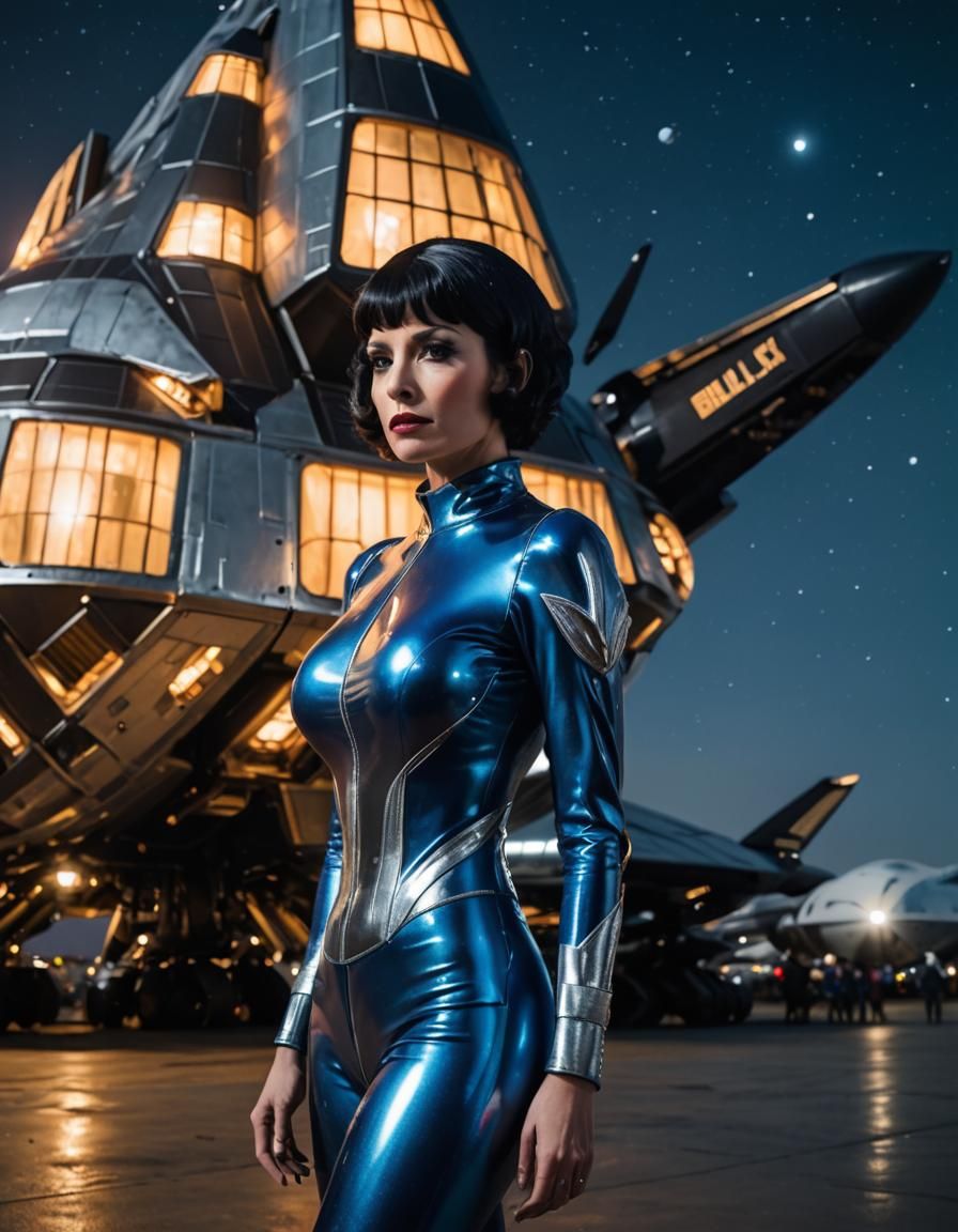 Futuristic Woman in Latex Suit with Spaceship