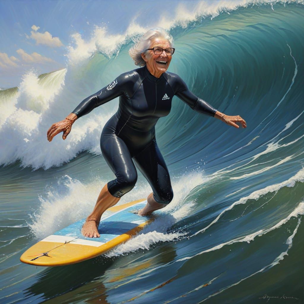 Elderly Lady Surfing: Oil Painting in Dynamic Realism
