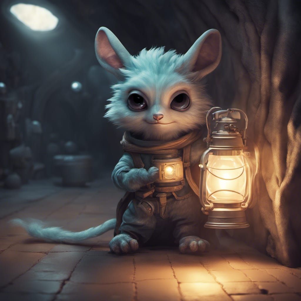 Furry Alien with Lantern in Spaceship Corner