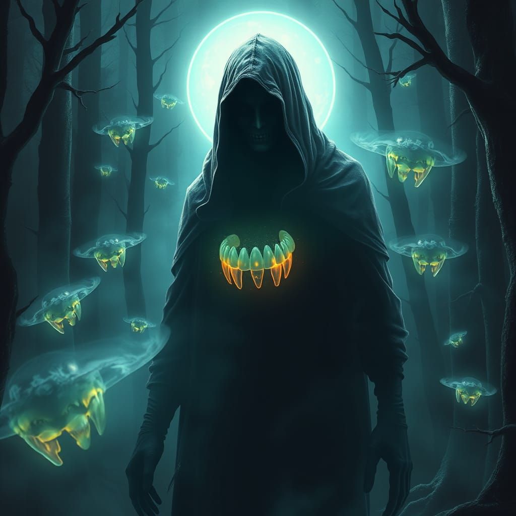 Mystical Hooded Figure in Dark Forest