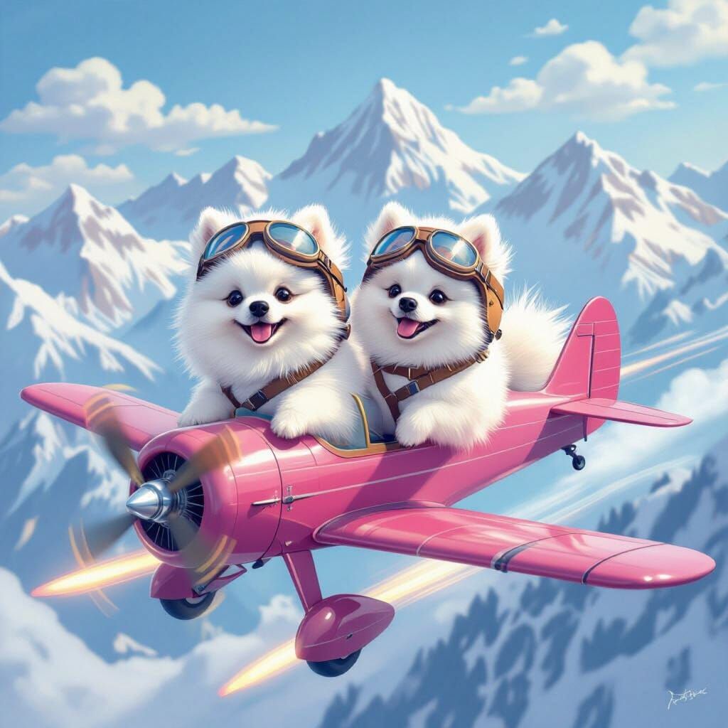 Pomeranian Pilots Fly Pink Biplane Over Snowy Mountains