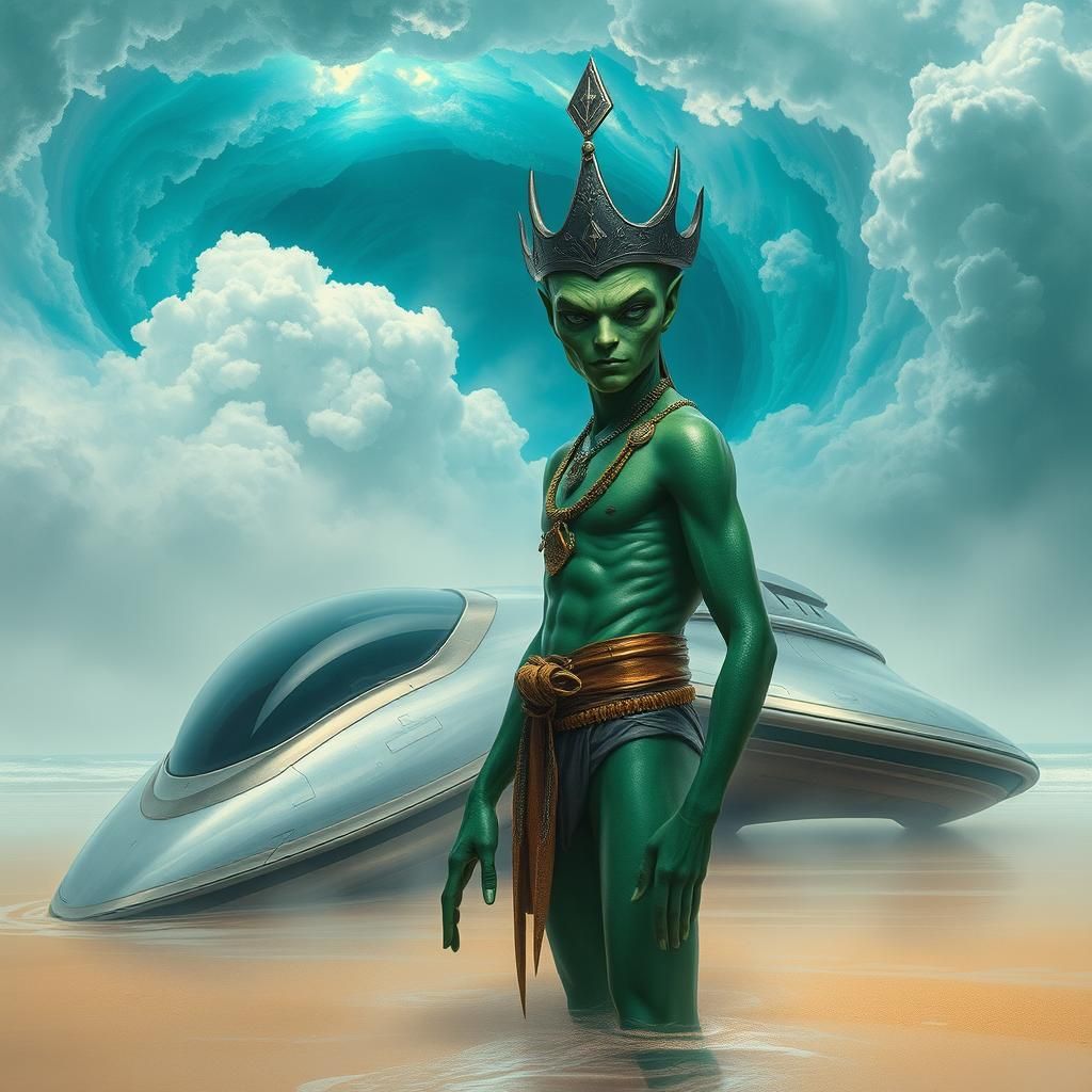 Jade Alien Warrior Beside Submerged Flying Saucer