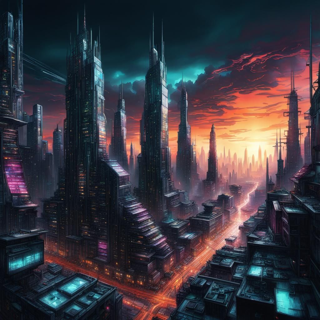 Futuristic Dystopian City: Synchronized Chaos in Deep Color