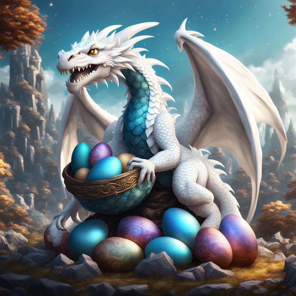 Cute White Dragon Guarding Eggs