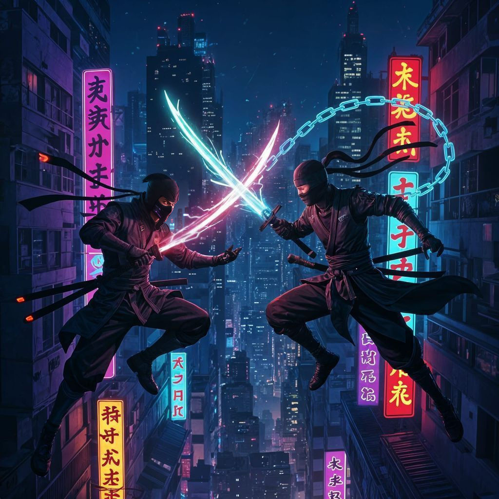 Ninja Assassins Duel Above Cyberpunk City in Anime Style