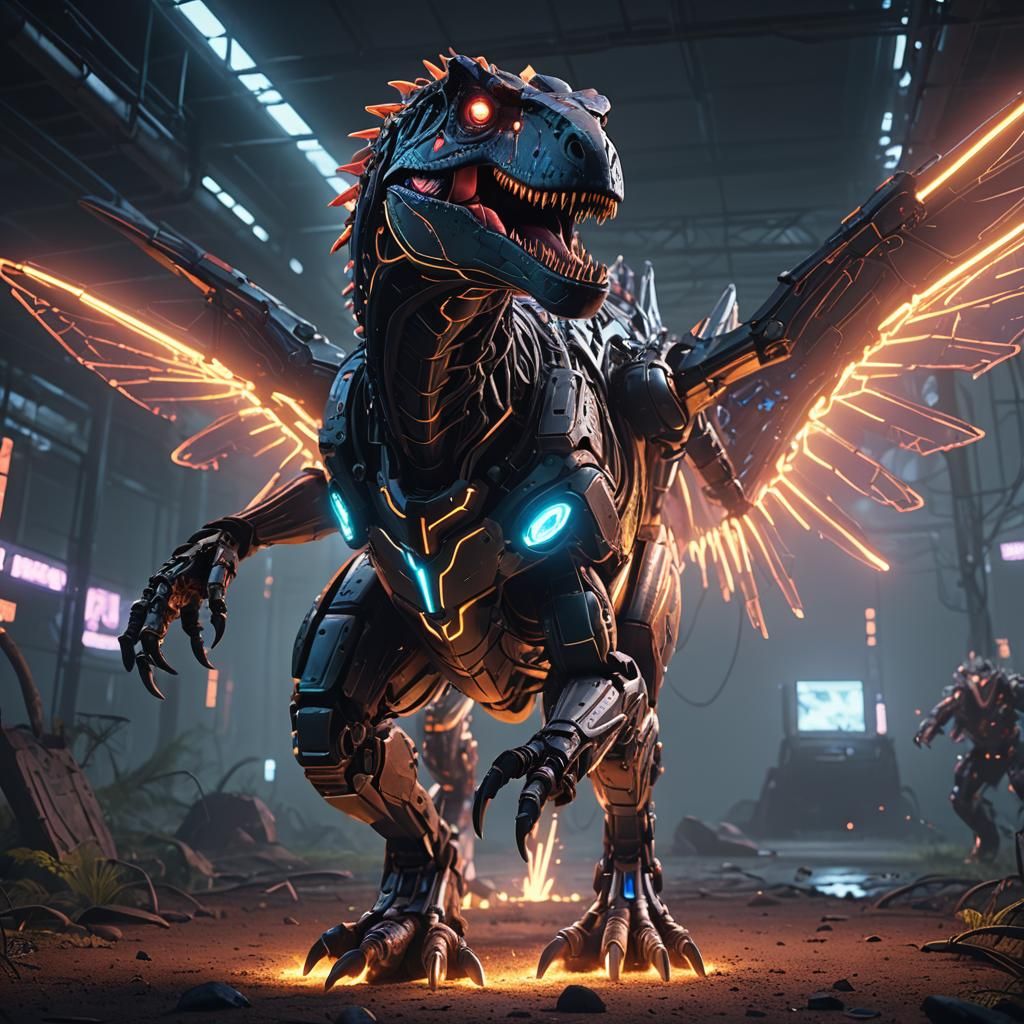 Winged T-Rex with Neon Lights and Mech Details
