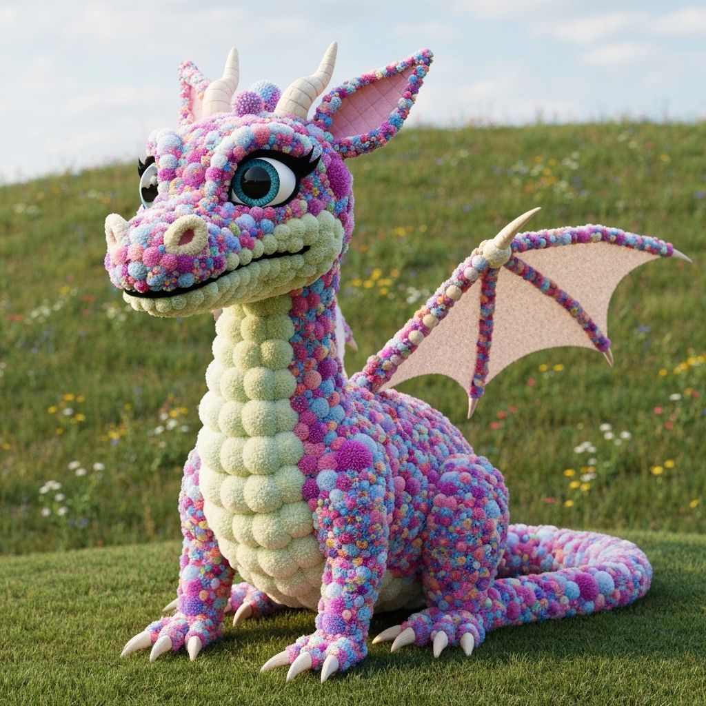 Playful Pom-Pom Dragon on Grassy Hill