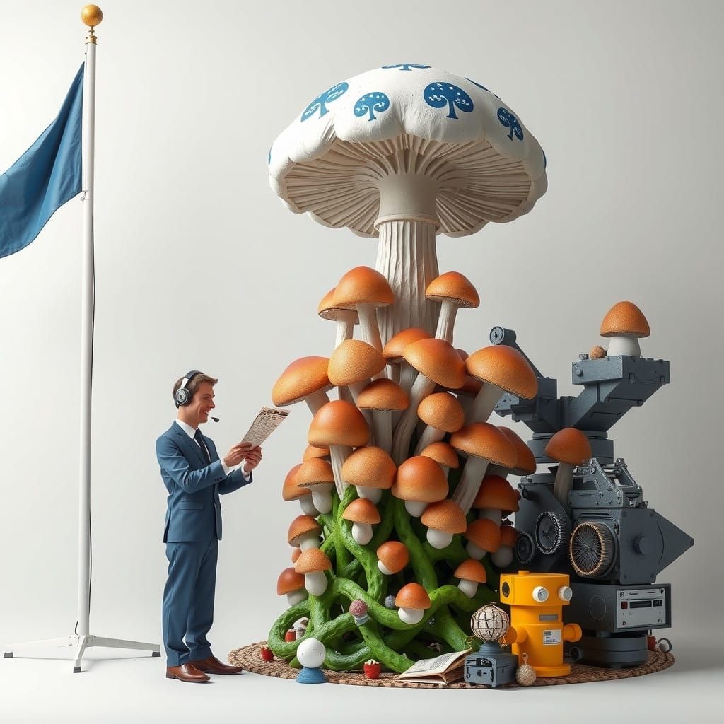 Whimsical Office Scene with Giant Mushrooms and Industrial M...