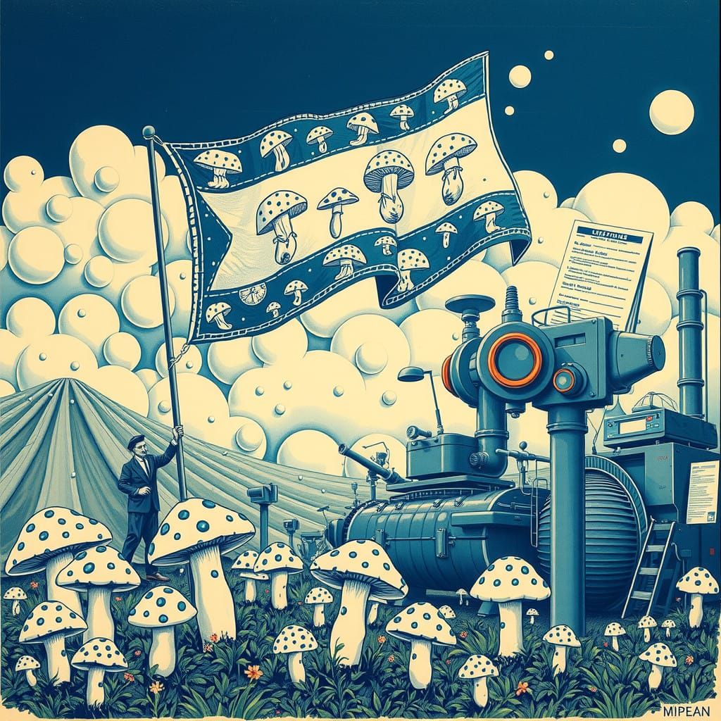 Colorful Linocut Mushroom Flag in Whimsical Bureaucratic Sce...