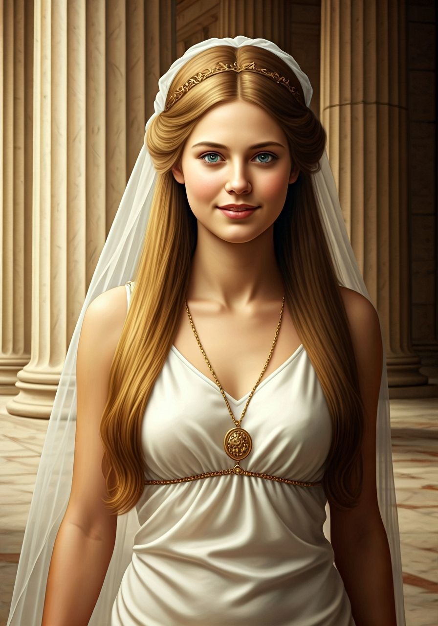 Ancient Greek Princess Walking into Temple, Oil Painting