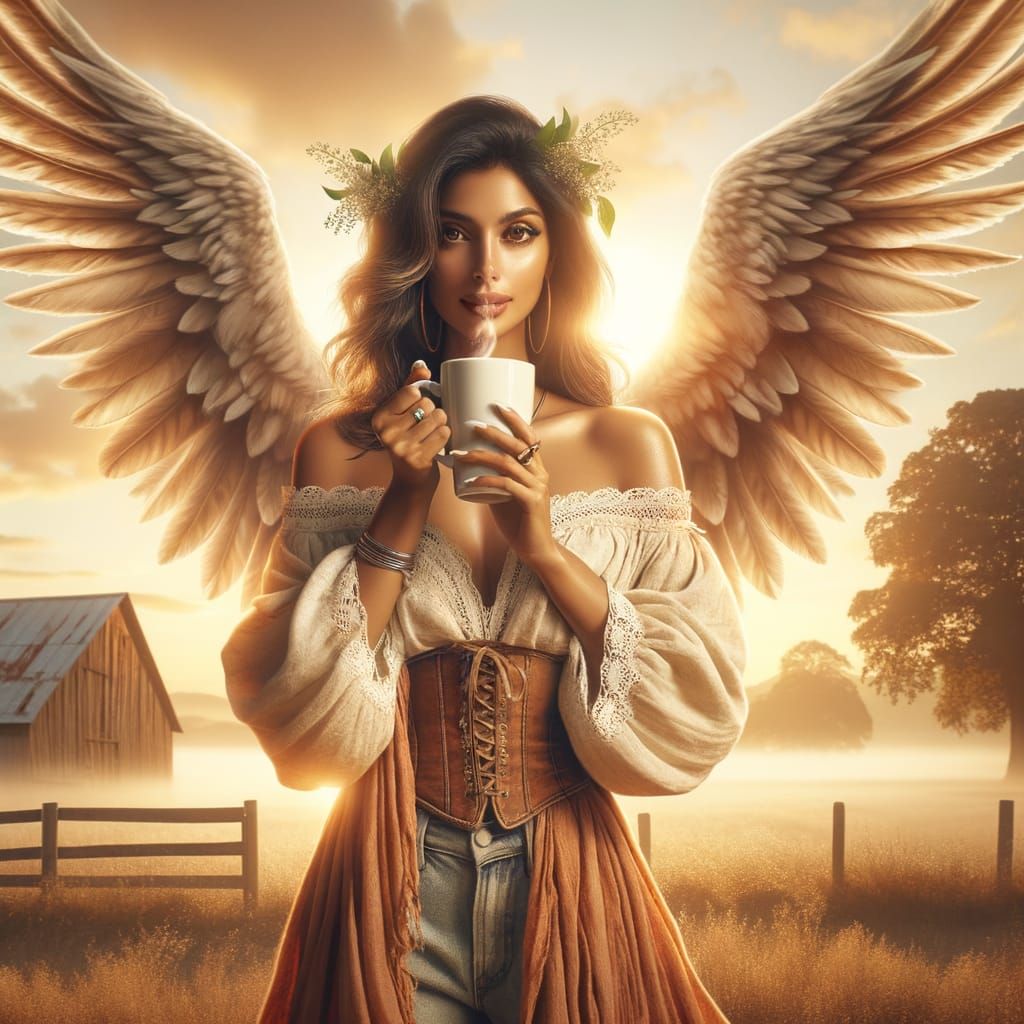South Asian Angel Enjoys Coffee in Serene Countryside Dawn