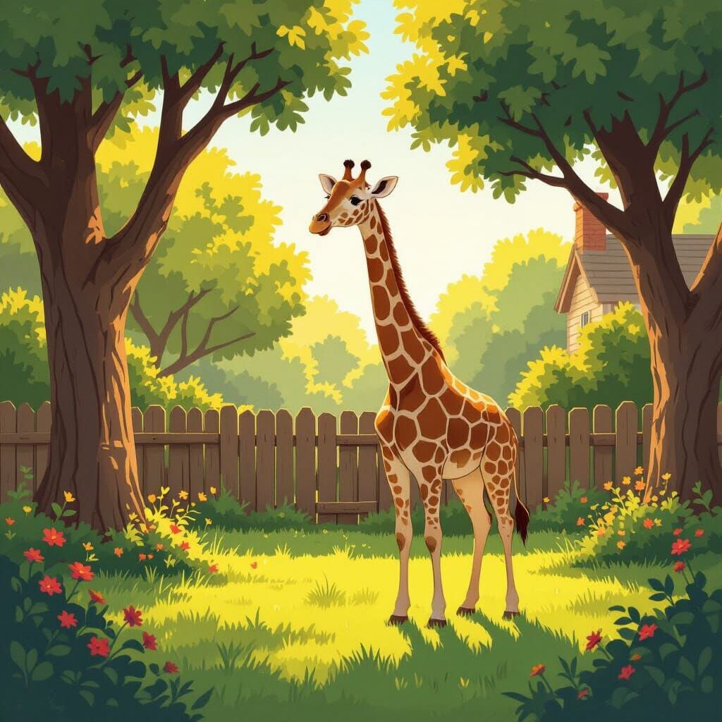 Giraffe in Lush Backyard Storybook Illustration
