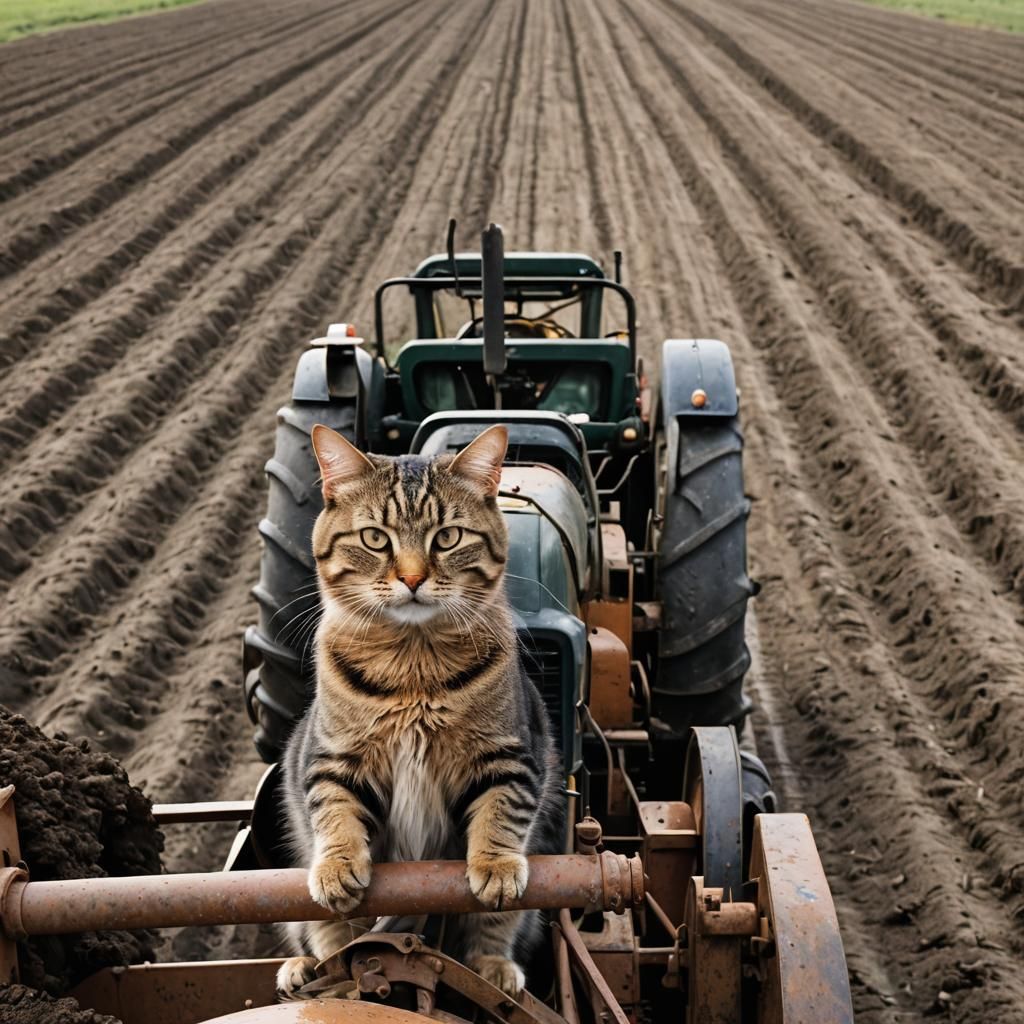 Cat Drives Tractor in Farm Field