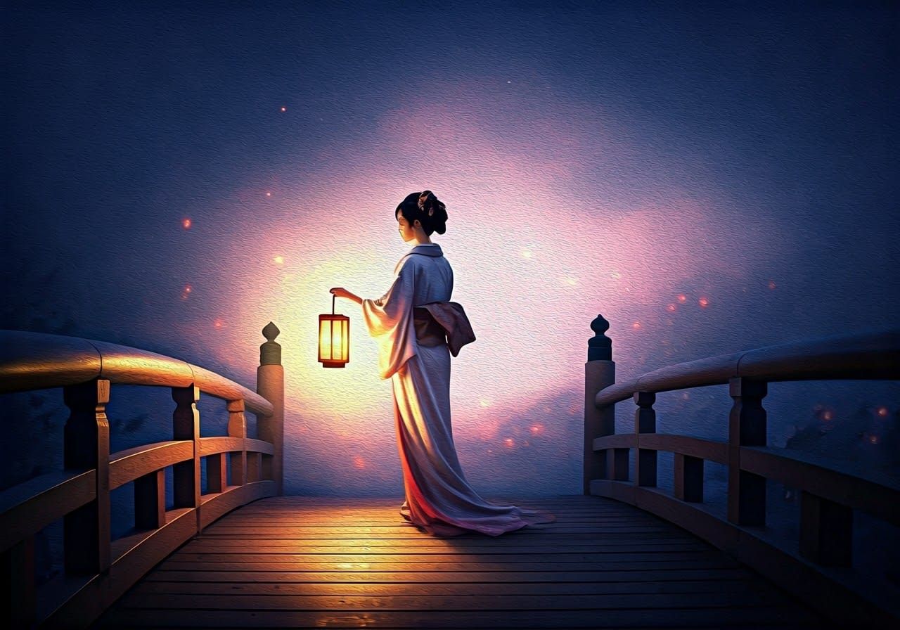 Japanese Woman with Lantern in Dreamy Pastel Haze