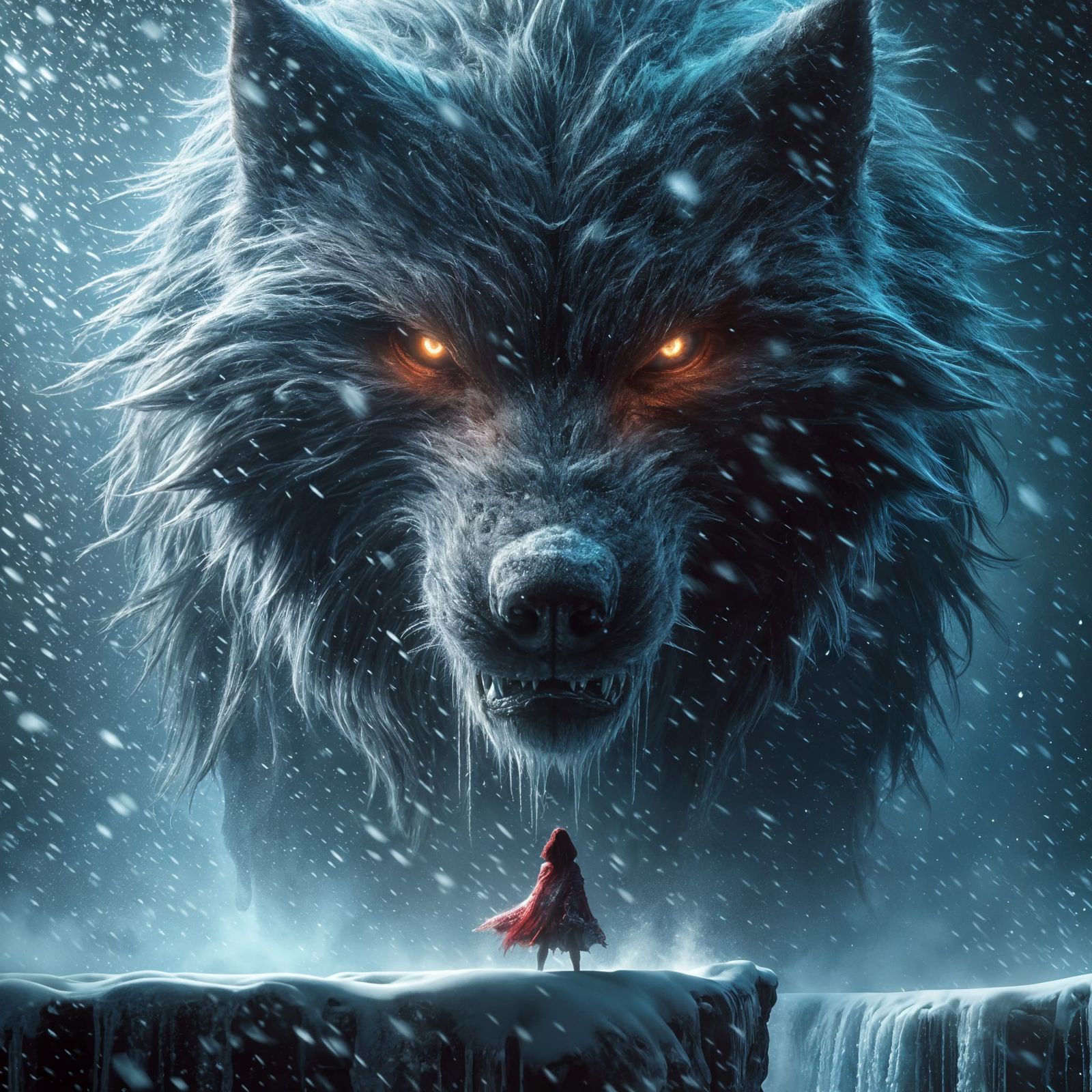 Colossal Wolf and Red Hood Girl in Blizzard