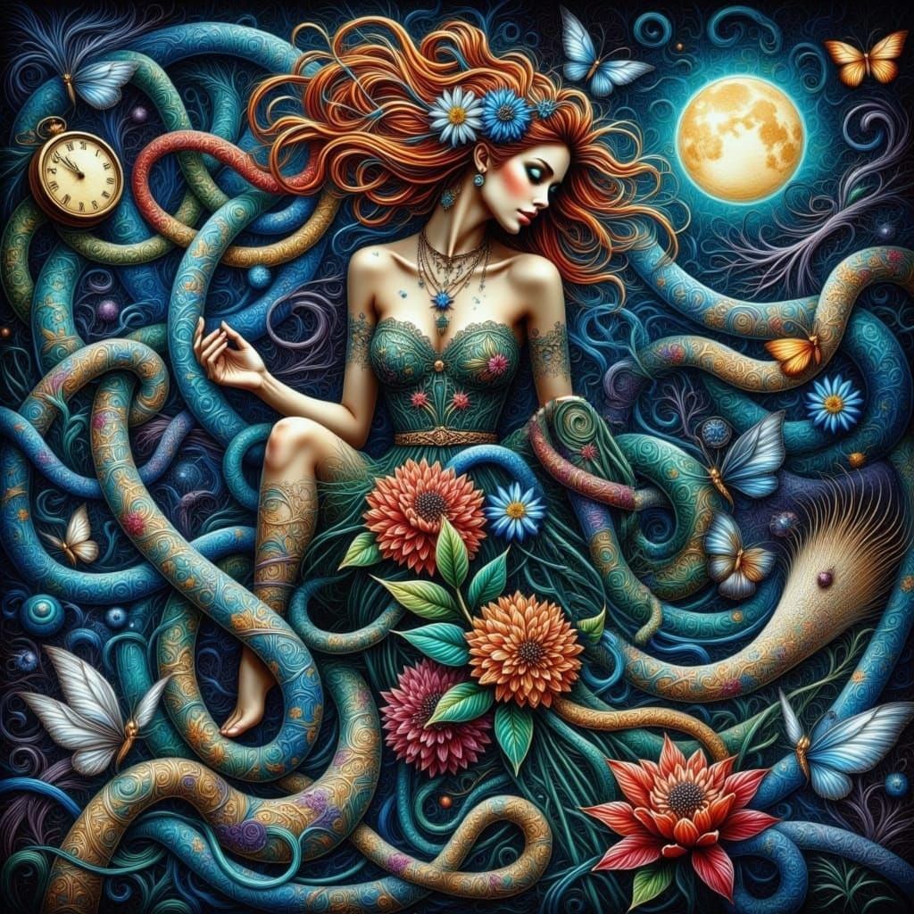 Surreal Dreamscape: Woman Tangled in Dream Threads