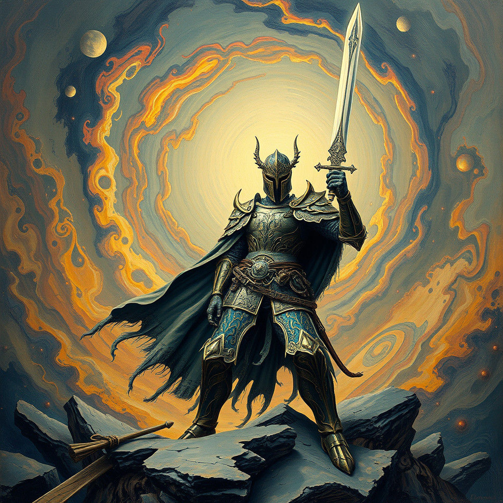 Armored Warrior in Surreal Abstract Art Deco Landscape