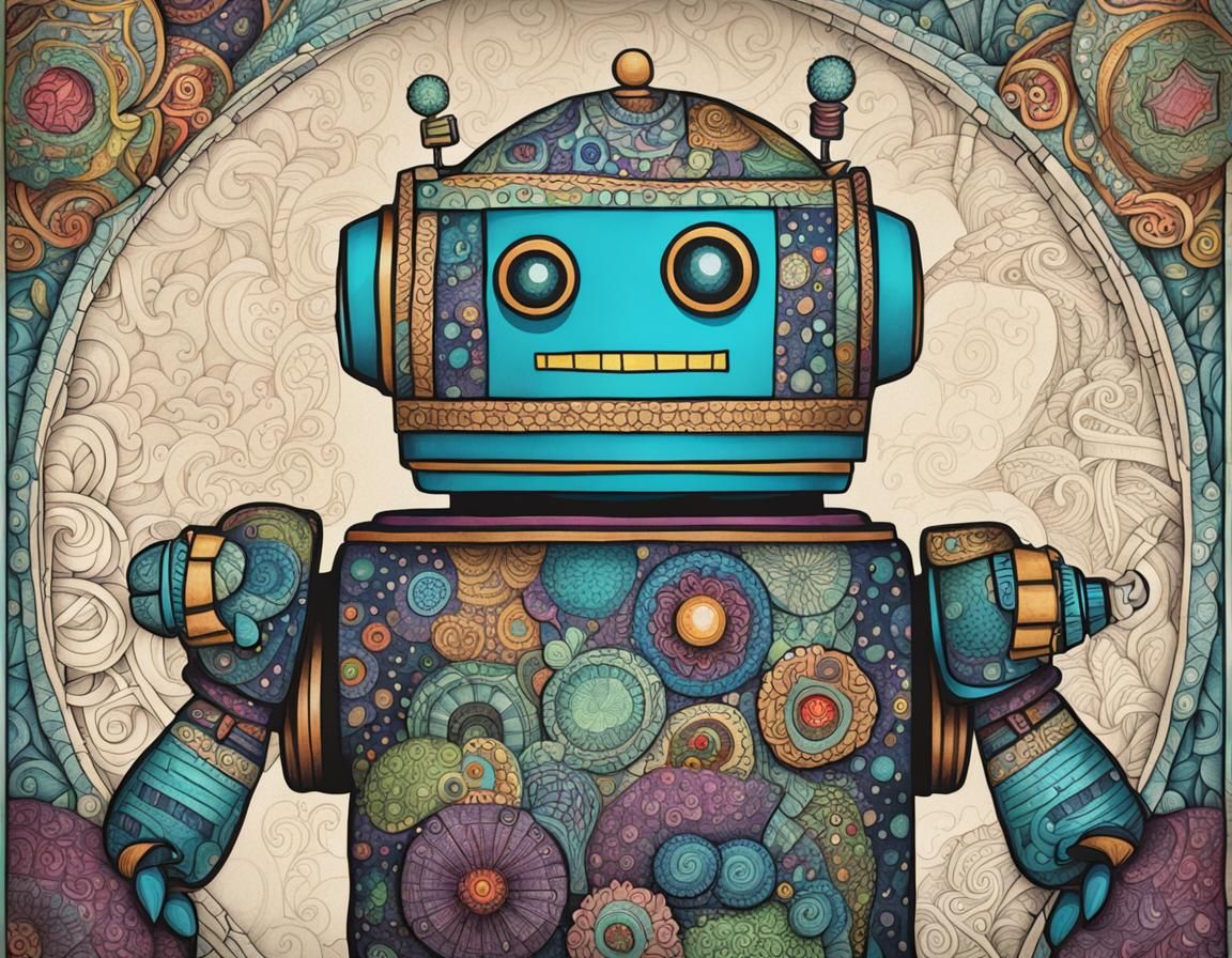 Robot Butler in Zentangle Ink Poster Style