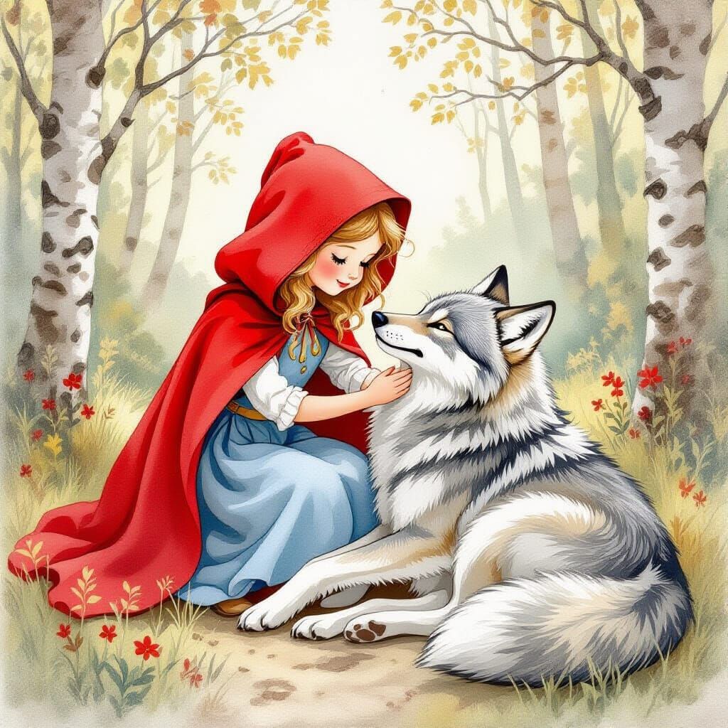 Red Riding Hood Befriends Wolf, Watercolor Illustration