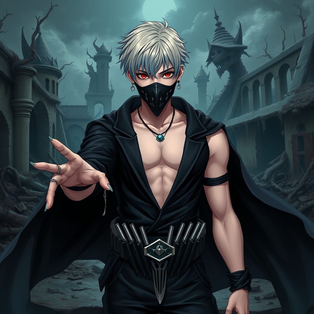 Anime-Style Man in Abandoned Landscape