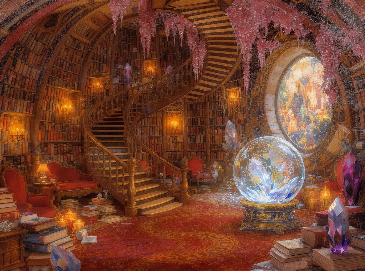 Wizard's Library in Watercolour Impressionism Style