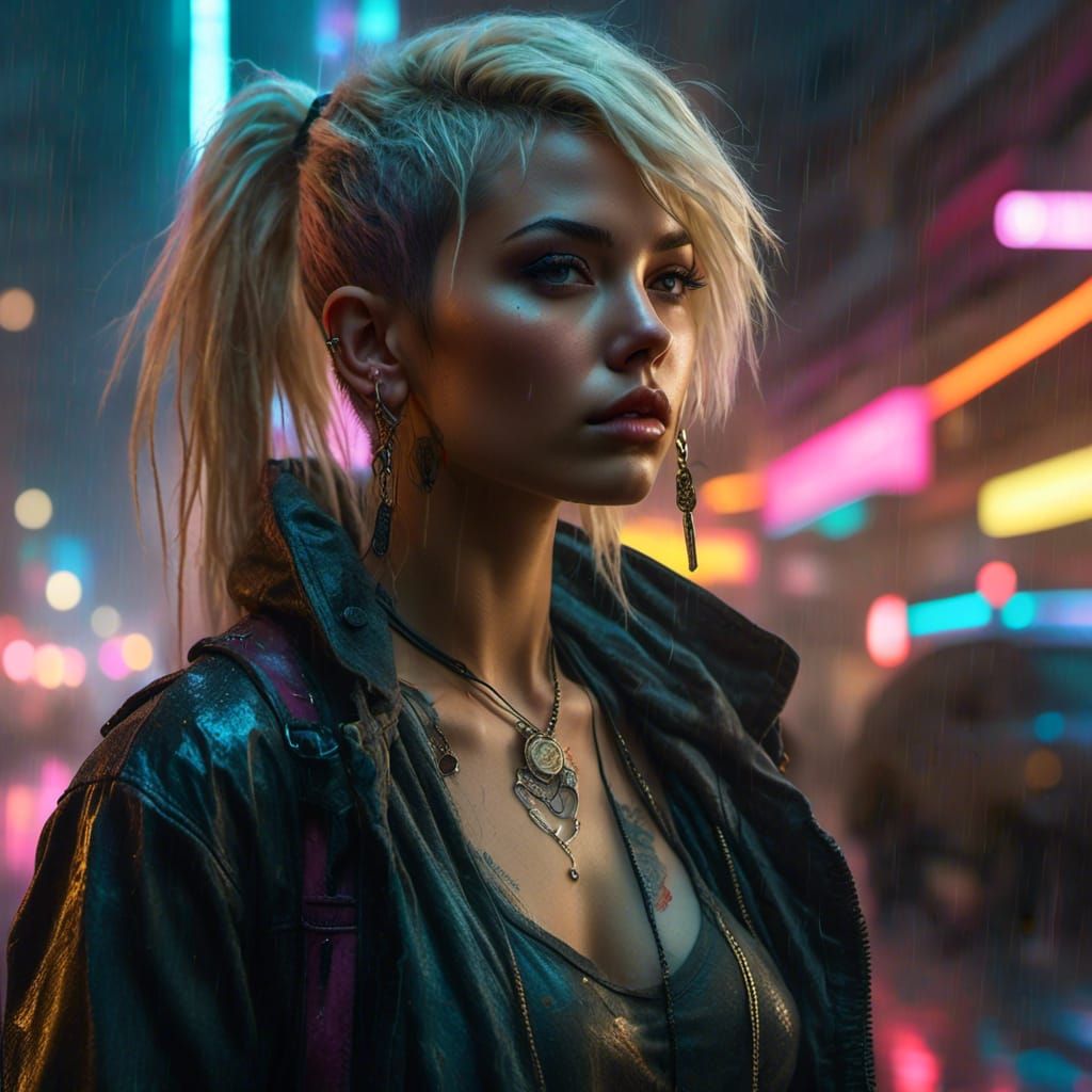 Cyberpunk Elf Tomboy in Rainy Cityscape
