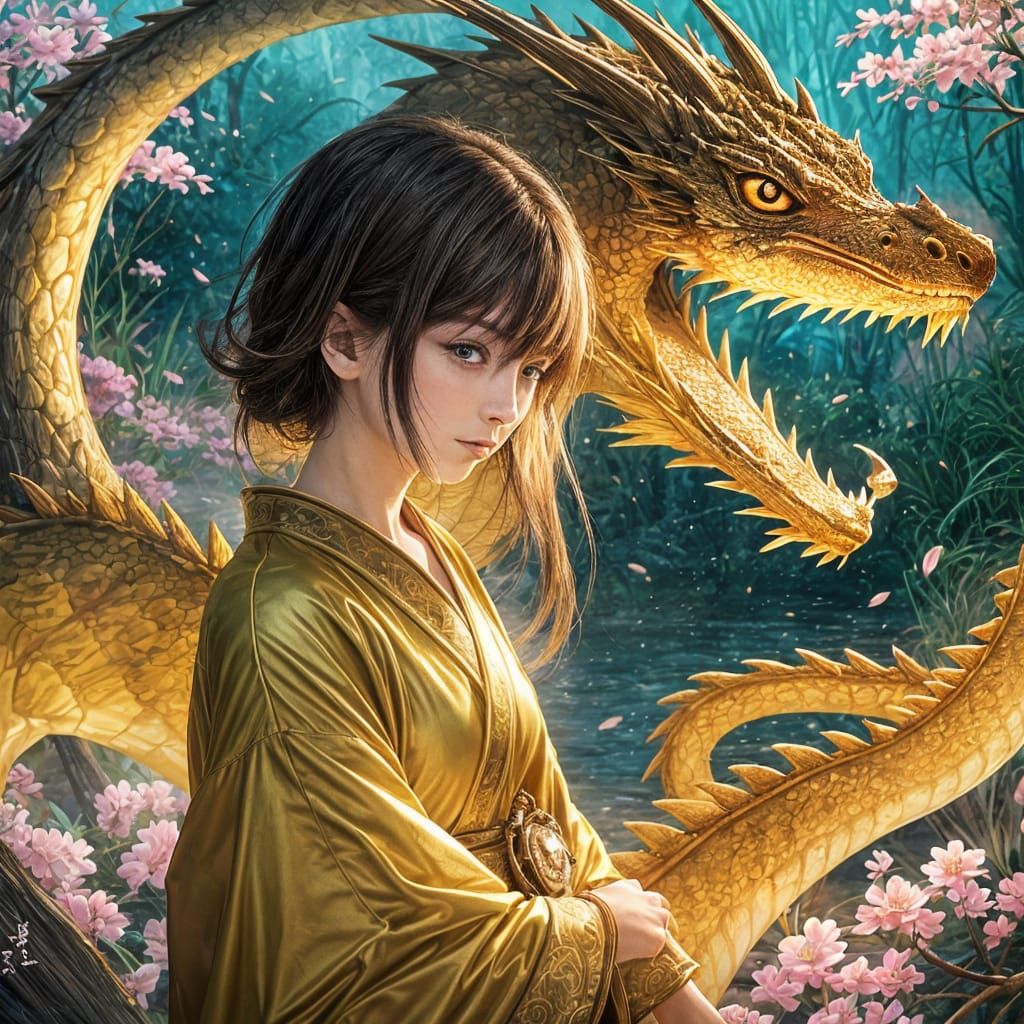 Girl in Golden Kimono with Water Dragon