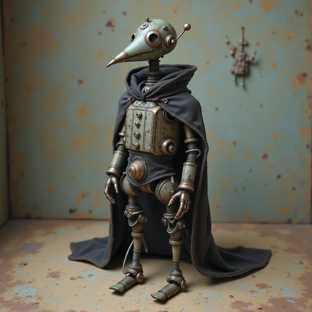 Whimsical Plague Doctor Robot in a Dreamlike Setting