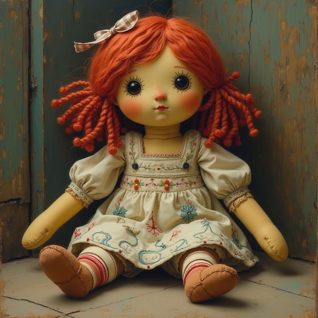 Vintage Raggedy Annie Doll in Whimsical Gouache Style
