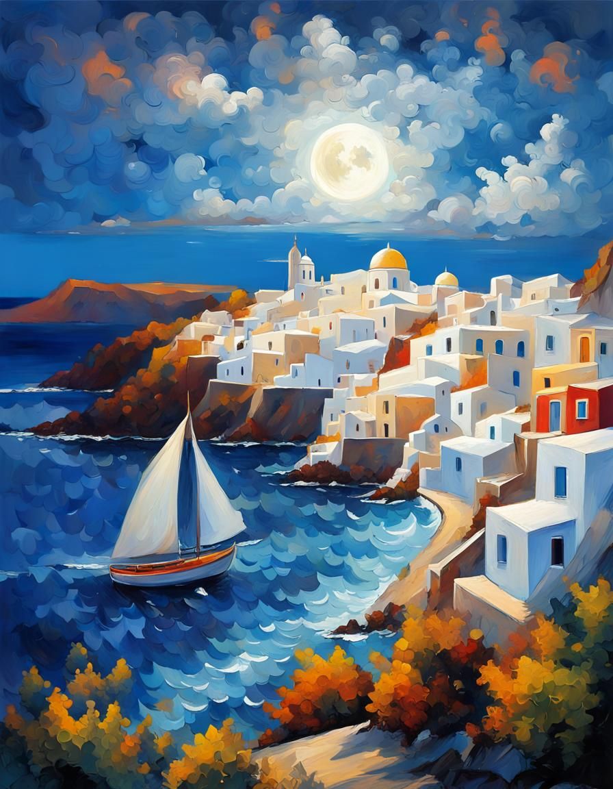 Santorini Eruption: Expressionist Oil Painting in Neo-Cubism...