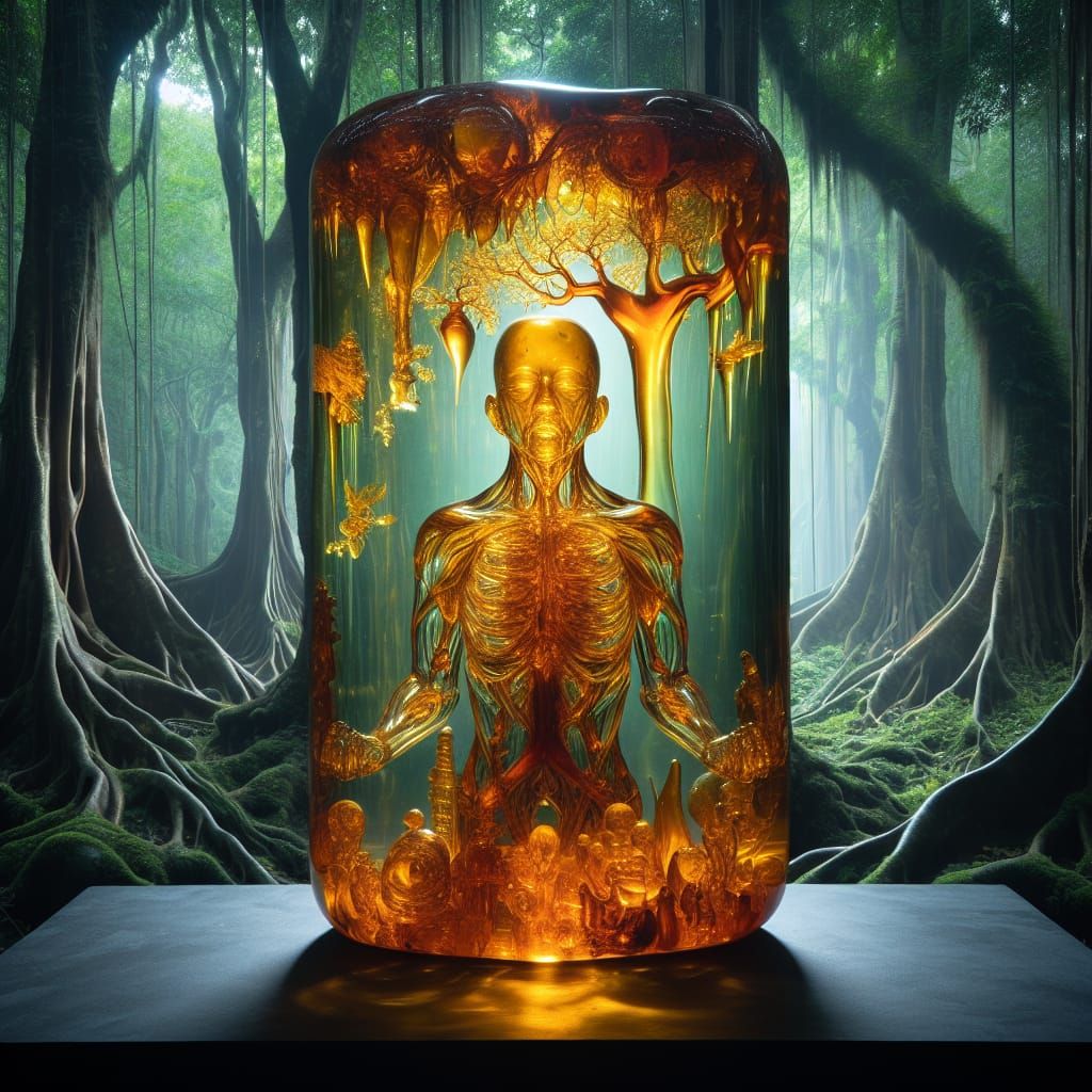 Surreal Amber Sculpture Entwined in Mystical Forest