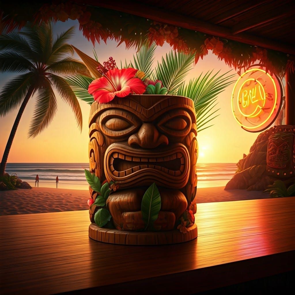 Tiki Mug at Tropical Beach Bar at Sunset