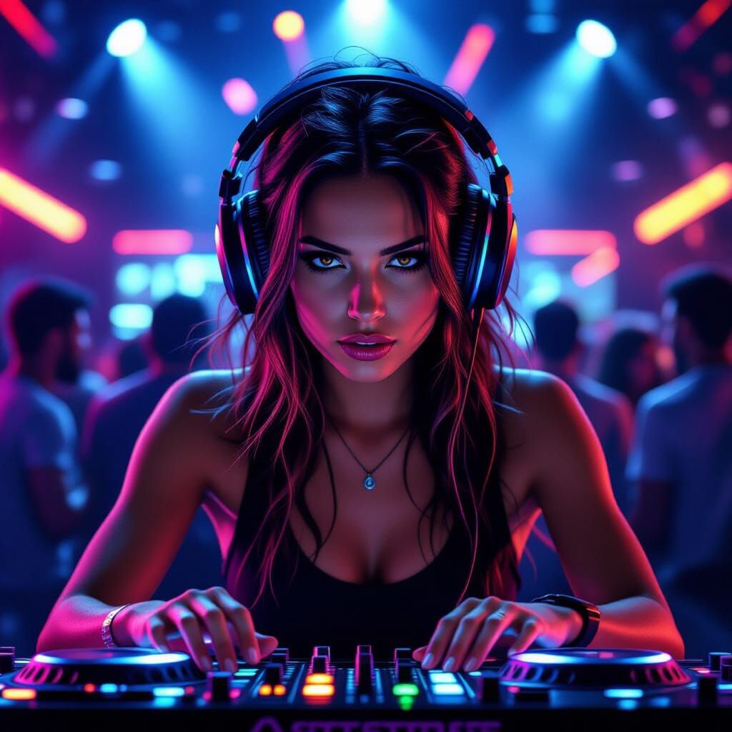 Female DJ Mixing Music in Futuristic Club