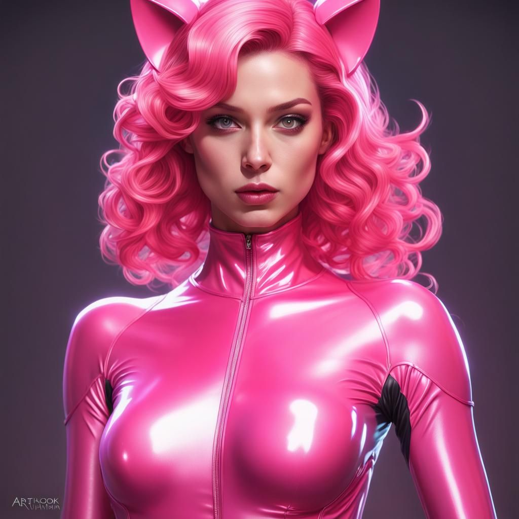 Person in Shiny Pink Latex Catsuit Portrait