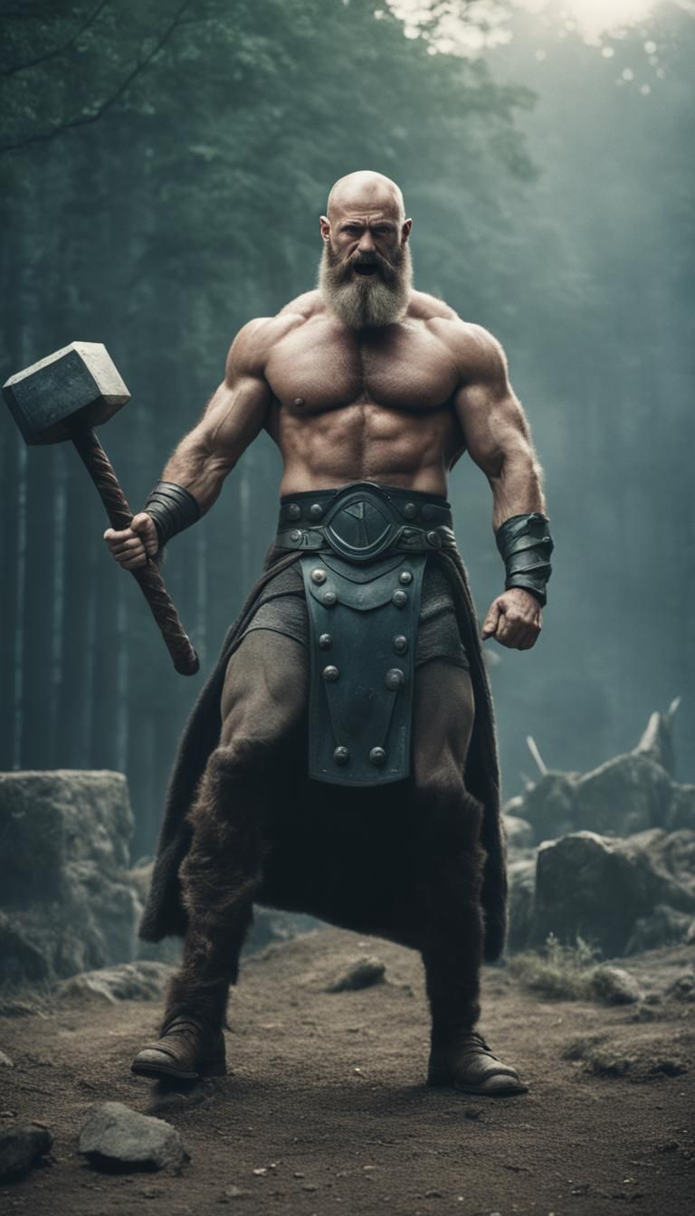 Slavic Thor with Hammer: Cinematic Film Still