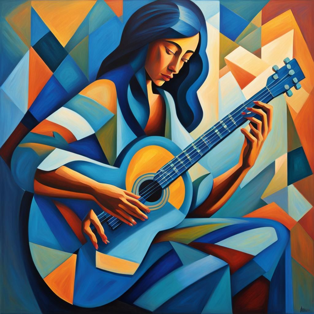 Ethereal Woman Holding a Blue Guitar in Fauvist Cubism
