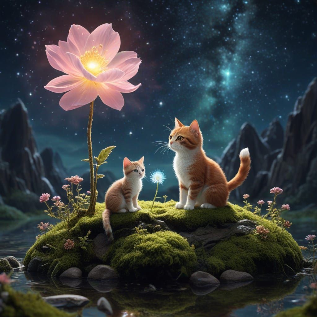 Cat Astronaut Tends Alien Flower on Floating Island