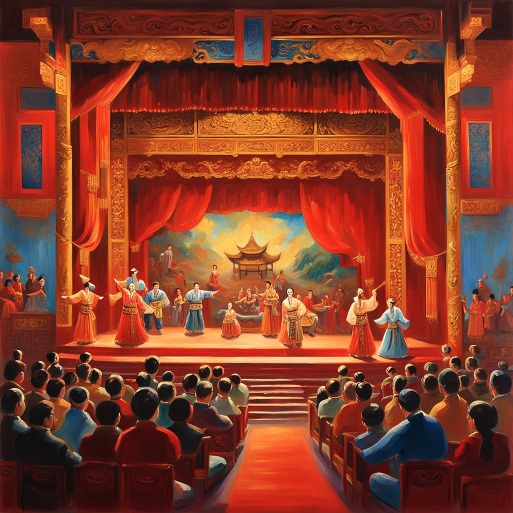 Chinese Theater Stage Performance in Impressionist Style
