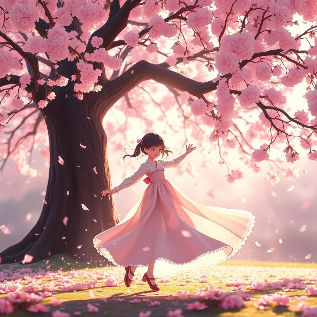 Young Girl Dances Under Cherry Blossoms in Whimsical 3D Anim...