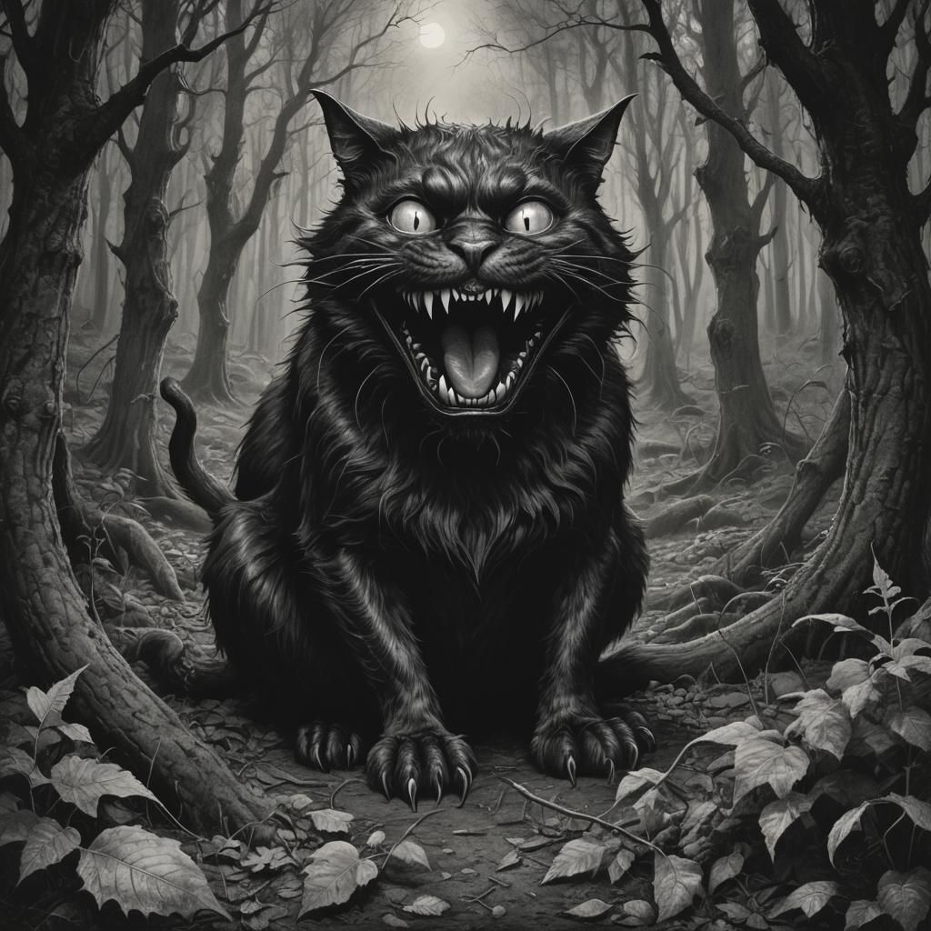 Black Cat Monster in Woods: Gothic Charcoal Art
