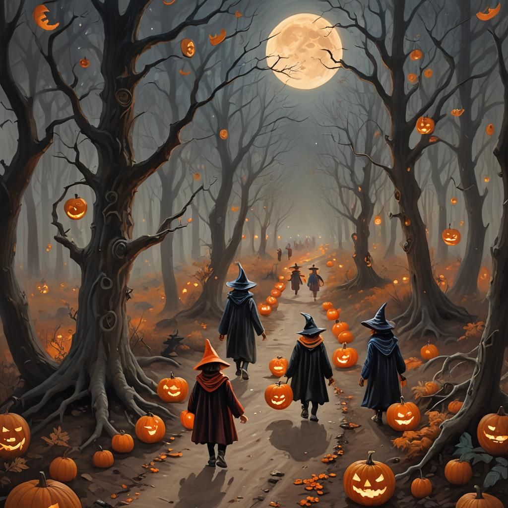 Kids Trick-or-Treating on Forest Path as Oil Painting