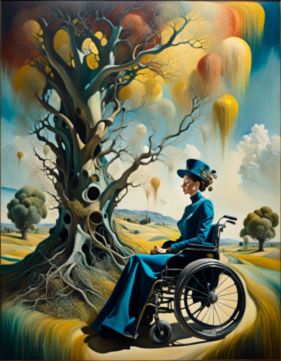 Dreamlike Oil Painting: Woman Under Gnarled Tree