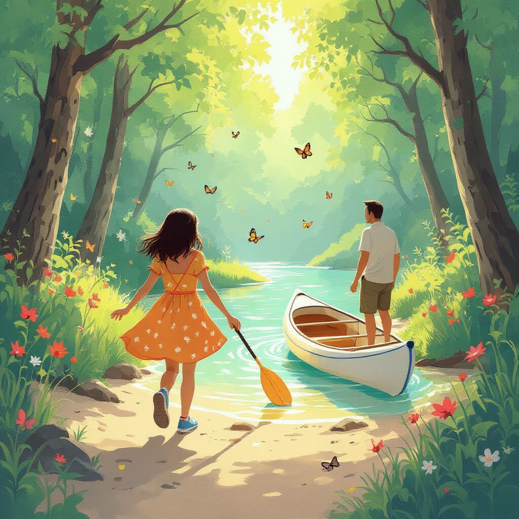 Girl Skips to Kayak on Forest Trail