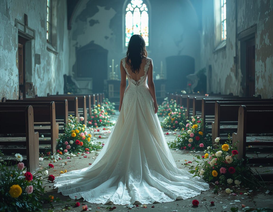 Lonely Bride in Abandoned Church, Digital Art