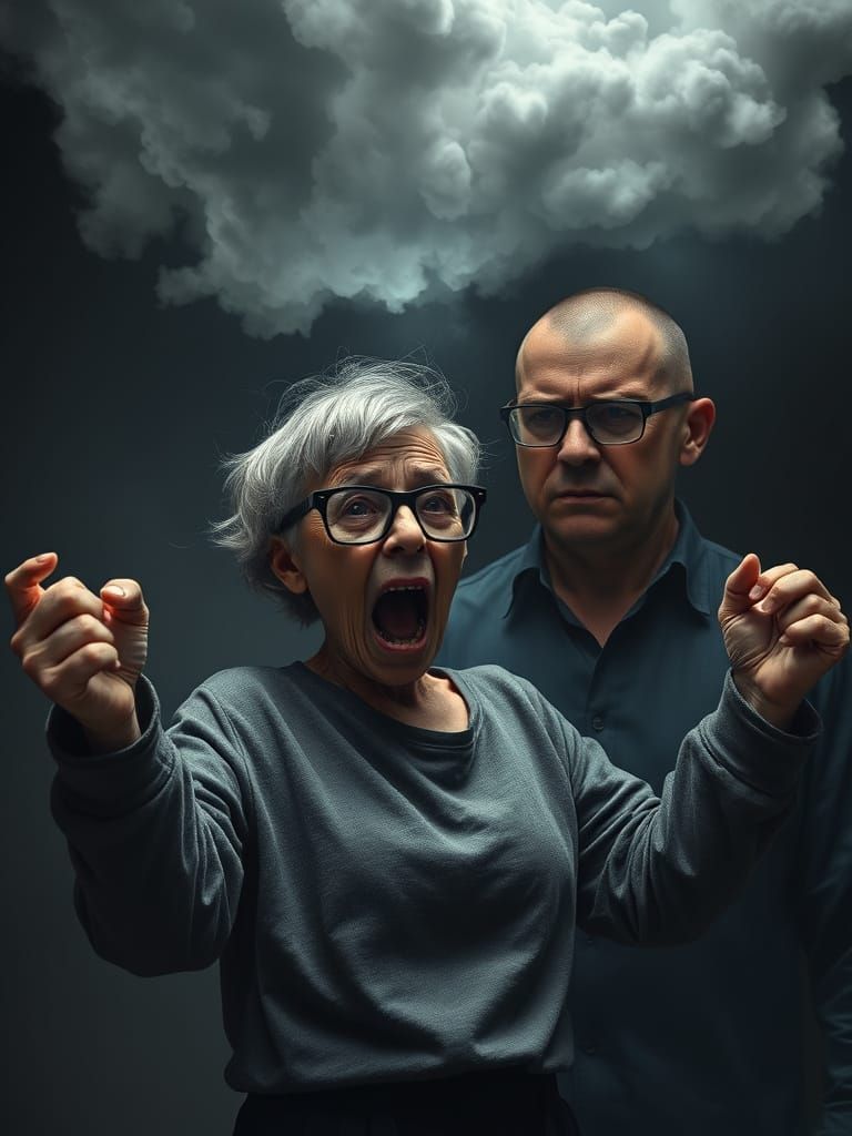 Elderly Woman Confronts Despondent Man in Hyperrealist Scene