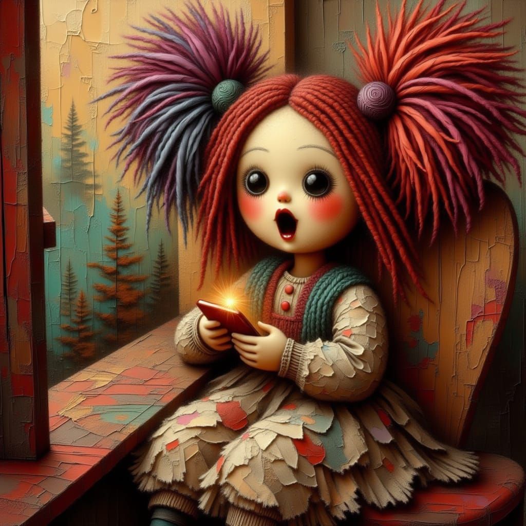 Raggedy Ann Doll Laughing on Phone in Vintage Chair