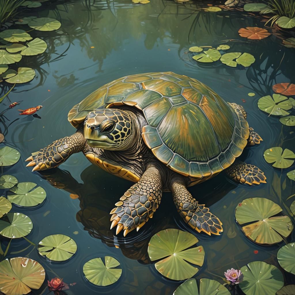 Hyperrealistic Turtle Dumped in Pond: Concept Art