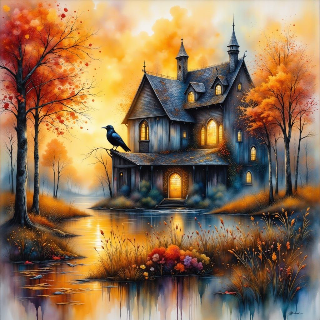 Autumn Raven at Abandoned Abbey, Watercolor Painting